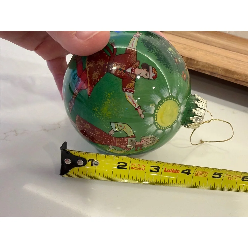 Vintage Li Bien Style Hand Painted Glass Ornament Russian Folk Dance Green 3